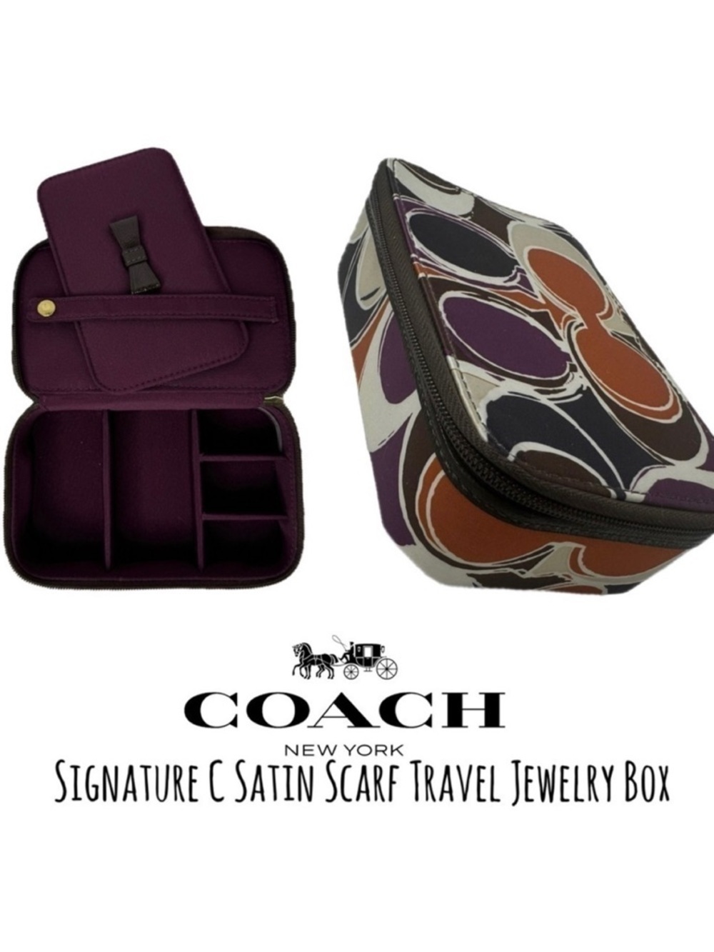 Coach Ashley Travel Jewelry Box Satin Silk Scarf Material Purple Optic  C 60990